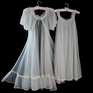 2pc Vintage SHEER Lisette CHIFFON Long GOWN Peignoir SET Soft Pastel Bows M/L